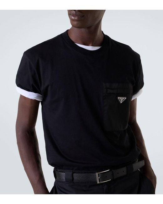 Prada Black Cotton And Re-Nylon Pocket T-Shirt for men
