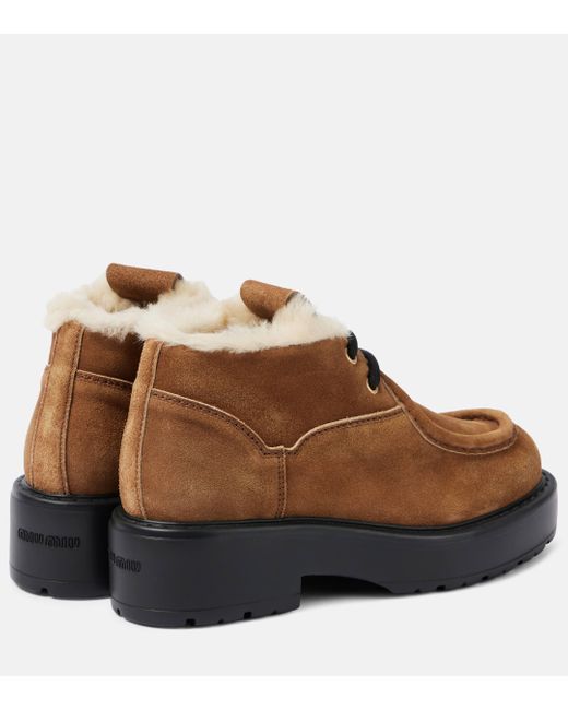 Miu Miu Brown Chunky Shearling-trimmed Leather Flats