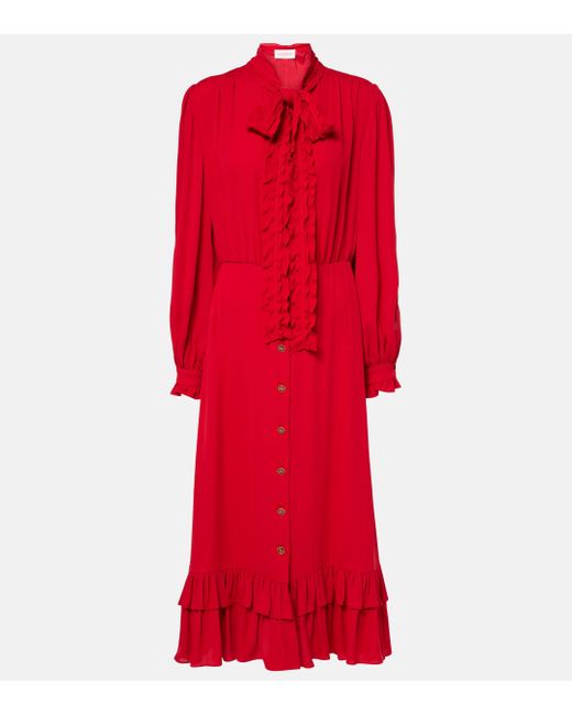 Valentino Red Ruffled Silk Georgette Midi Dress