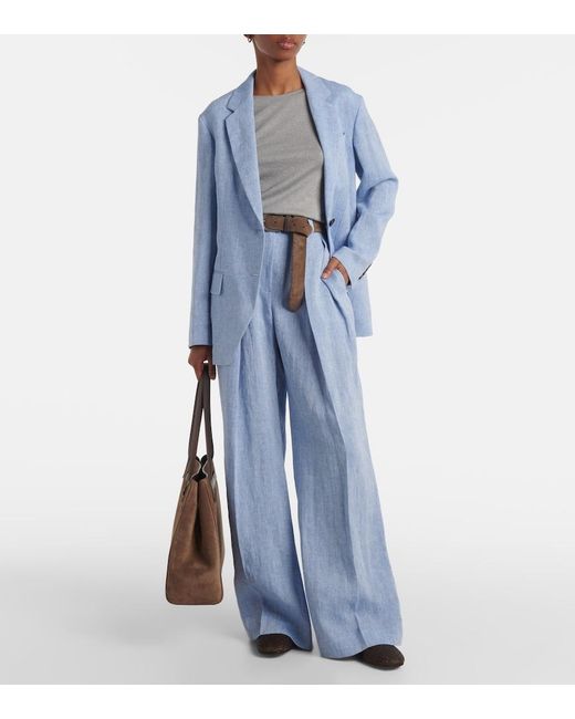 Brunello Cucinelli Blue High-Rise Linen-Blend Wide-Leg Pants