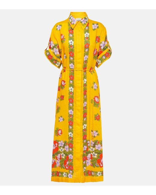 ALÉMAIS Yellow Belted Floral Linen Shirt Dress