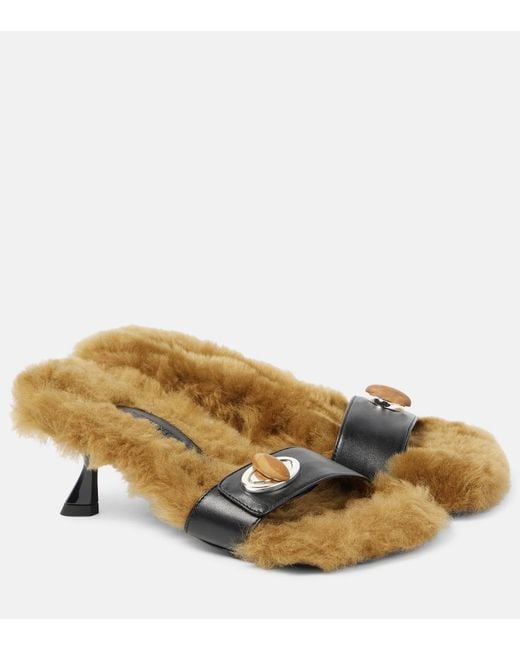 Christopher Esber Natural Turnlock Shearling-Trimmed Mules