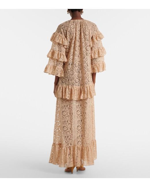 Adriana Degreas Natural Ruffled Lace Maxi Dress
