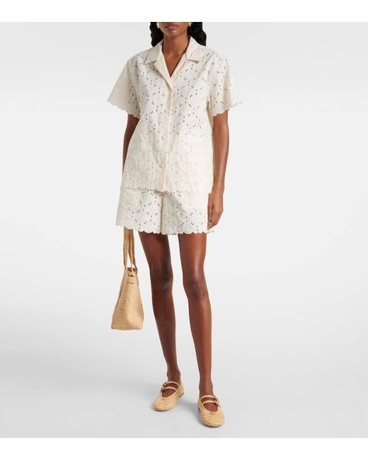 Moncler White Broderie Anglaise Cotton-Blend Bowling Shirt