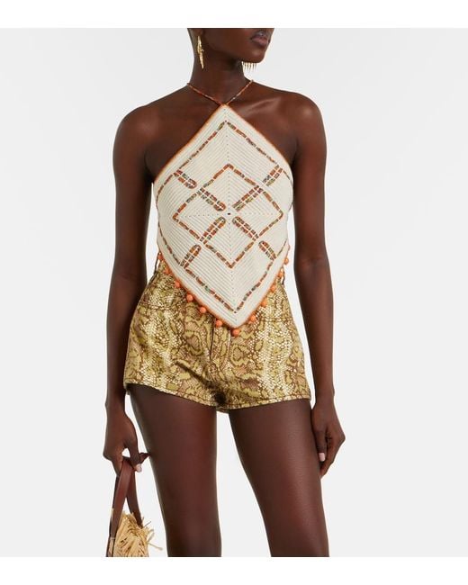ALÉMAIS Natural Boa Snake-Print Denim Shorts