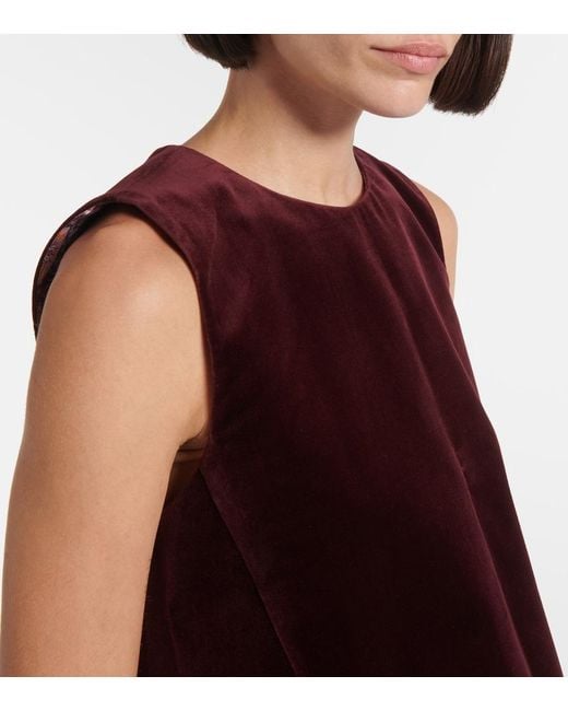 LaDoubleJ Red La Scala Feather-Trimmed Cotton Velvet Top