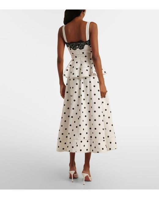 Self-Portrait White Polka-Dot Linen And Cotton Midi Dress