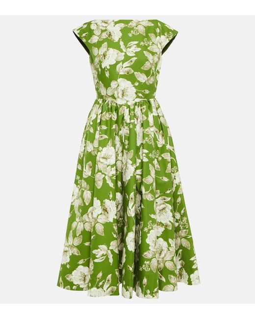 Erdem Green Dorothea Floral Cotton Faille Midi Dress