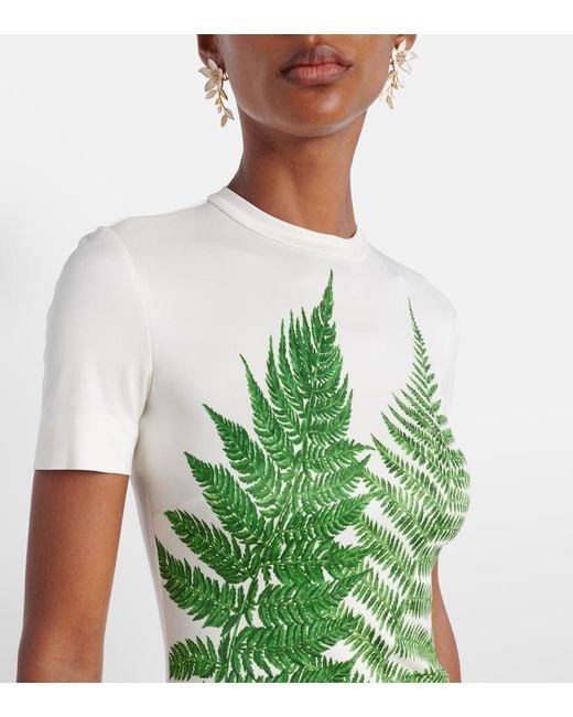 Oscar de la Renta Green Fern Printed Jersey Dress