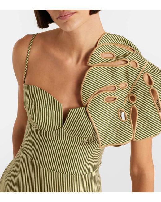 FARM Rio Women's Green Striped Monstera Linen Midi Dress - coffeafoods.com