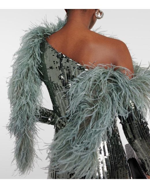 Taller Marmo Gray Garbo Disco Feather-Trimmed Sequined Gown