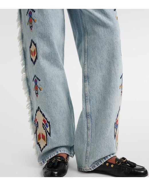 Isabel Marant Blue Maella Embroidered Fringed Straight Jeans