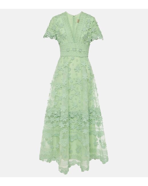 Elie Saab Green Floral-applique Silk-blend Midi Dress