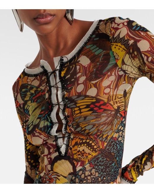 Jean Paul Gaultier Brown Printed Lace-Trimmed Mesh Top
