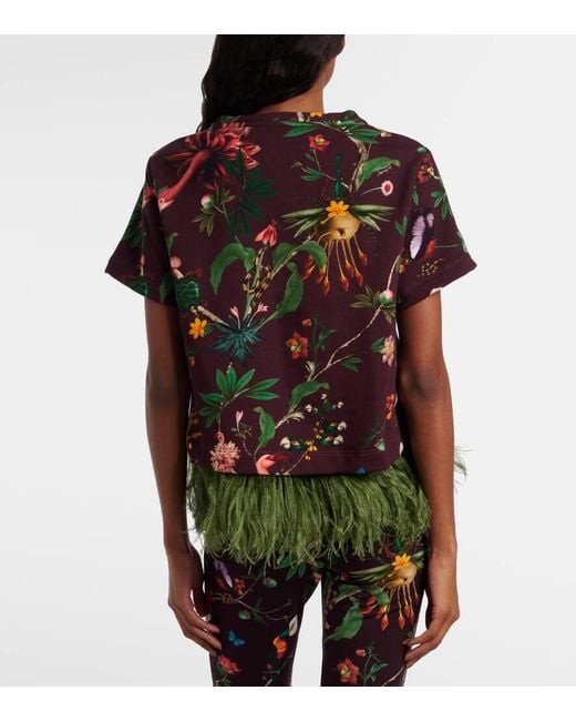 LaDoubleJ Red La Scala Feather-Trimmed Printed Cotton T-Shirt