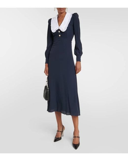 Alessandra Rich Blue Alessandra reiches Midi -Kleid mit kontrastierendem Kragen