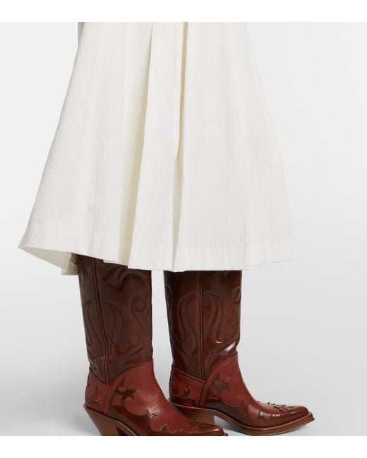 Gabriela Hearst White Wesley Pleated Cotton Corduroy Midi Skirt