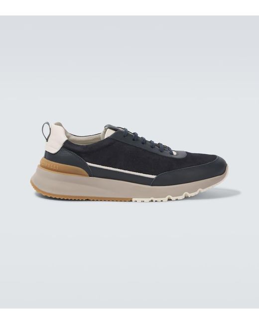 Brunello Cucinelli Blue Leather-Trimmed Suede Sneakers for men