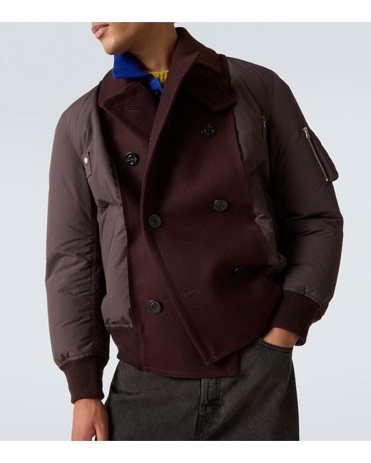Sacai Brown Double-Breasted Wool Puffer Jacket for men