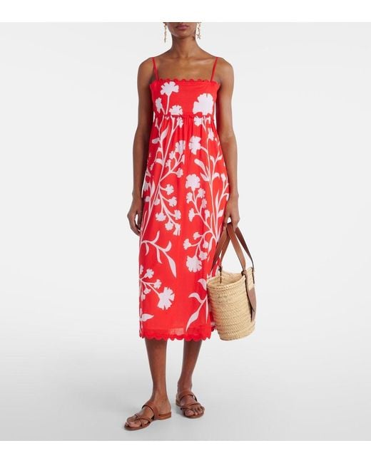 Juliet Dunn Red Printed Scalloped Cotton Midi Dress