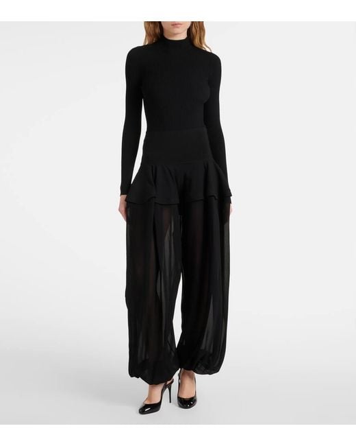 Alaïa Black Peplum Georgette Wide-Leg Pants