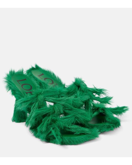 Loewe Green Petal Bow-Detail Calf Hair Mules