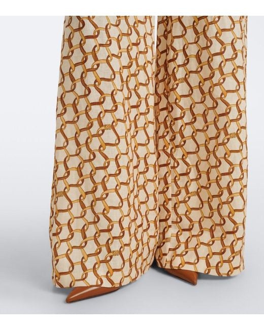 Zimmermann Metallic Belted Printed Linen Wide-Leg Pants