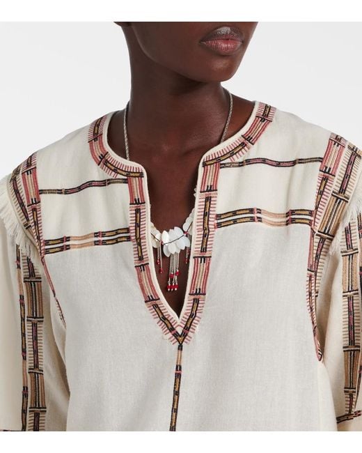 Isabel Marant Natural Fiosa Embroidered Fringed Silk Top