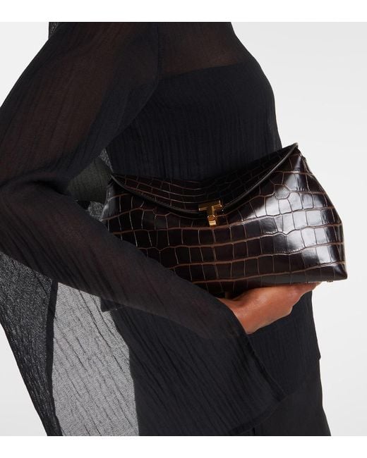 Totême Black T-Lock Croc-Effect Leather Clutch