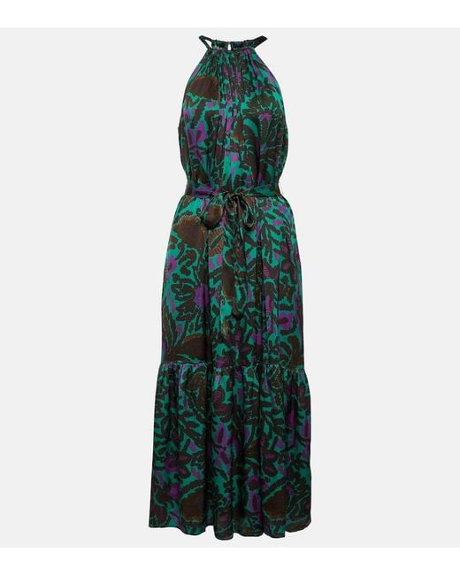 Velvet Green Kareese Printed Satin Midi Dress