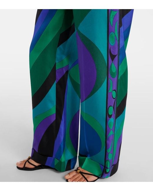 Emilio Pucci Blue Printed Silk Wide-Leg Pants