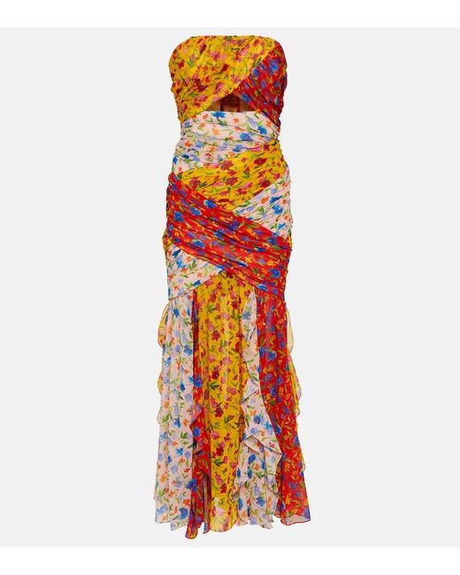 Carolina Herrera Red Strapless Ruched Cutout Floral-print Georgette Midi Dress