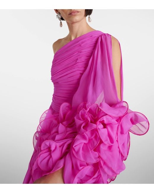 Robe longue asymetrique en soie Costarellos en coloris Pink