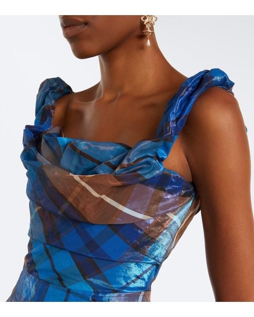 Vivienne Westwood Blue Chichi Draped Plaid Maxi Dress
