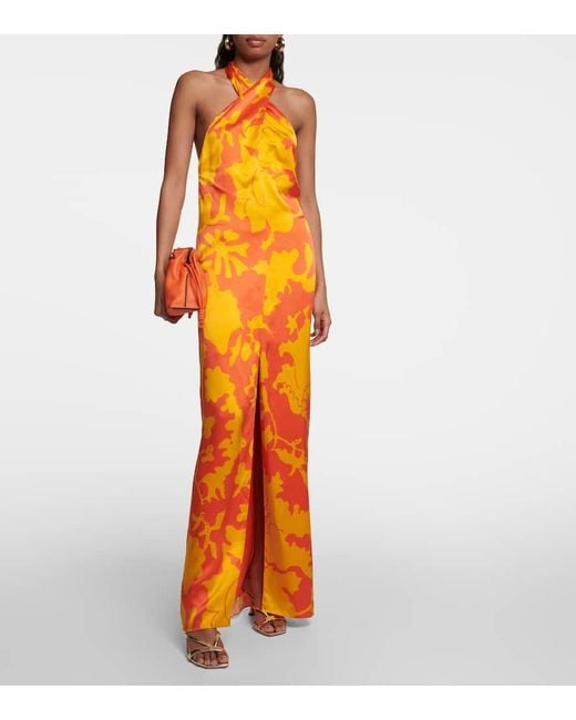 Vestido Largo De Seda Estampado Sir de color Orange
