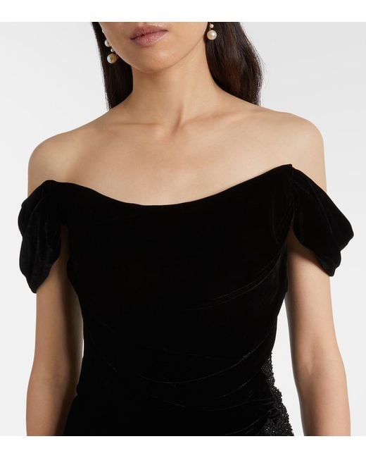 Costarellos Black Embellished Off-Shoulder Velvet Gown