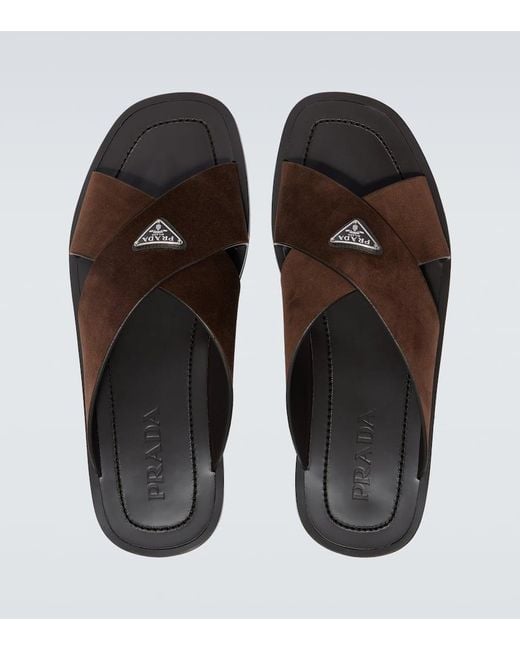 Prada Brown Logo Suede And Leather Sandals for men
