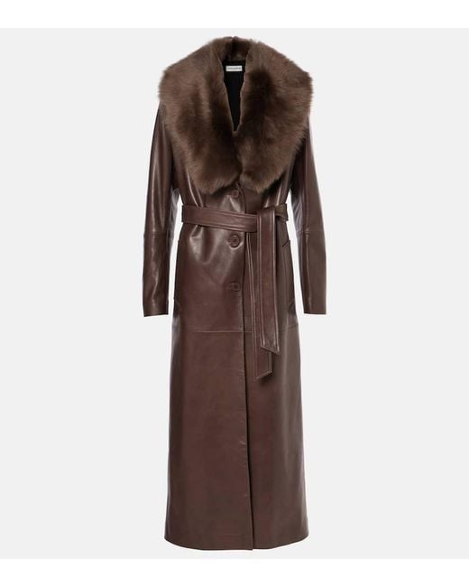 Nour Hammour Brown Dakota Shearling-Trimmed Leather Trench Coat