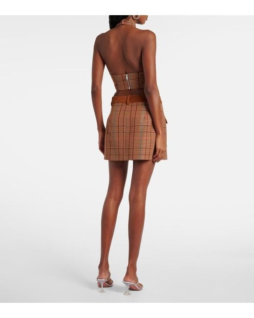 Area Brown Checked Wool-Blend Miniskirt