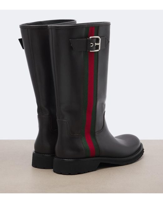 Gucci Black Web Stripe Leather Biker Boots