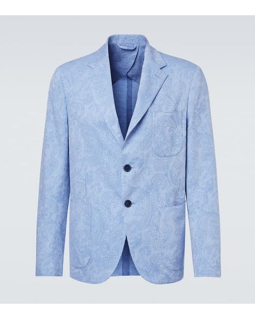 Etro Blue Woven Cotton Jersey Blazer for men