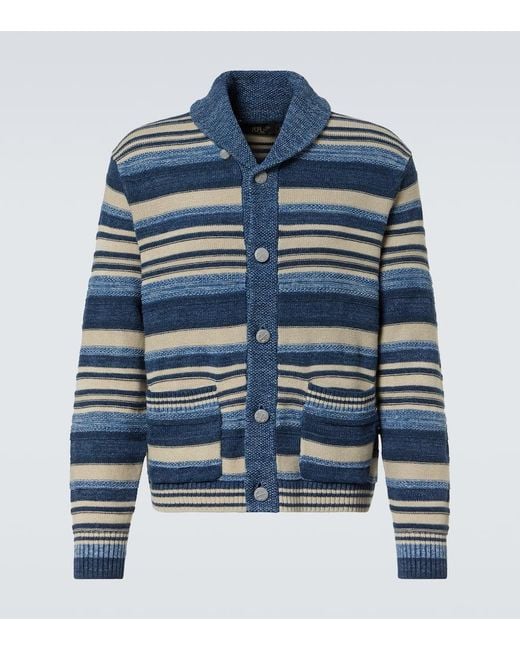 RRL Blue Striped Cotton And Linen Cardigan for men