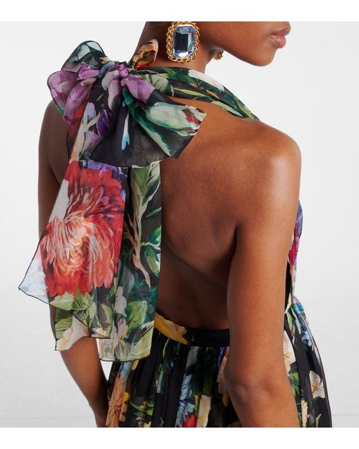 Dolce & Gabbana White Langes Kleid Aus Chiffon Mit Blumenbouquet-Print