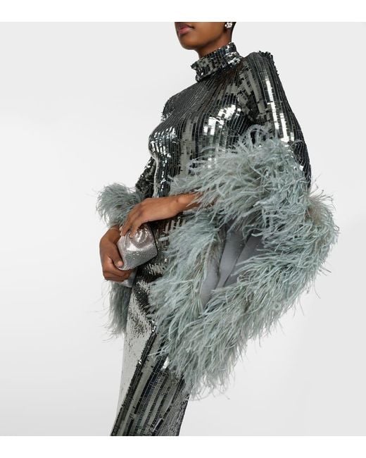 Taller Marmo Green Del Rio Feather-Trimmed Sequined Midi Dress