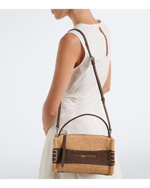 J.W. Anderson Brown Loafer Small Suede-Trimmed Raffia Top-Handle Bag