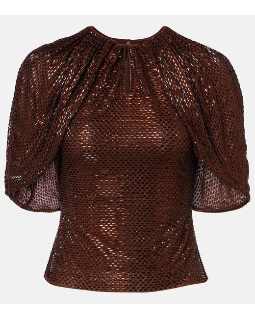 Self-Portrait Brown Embellished Mesh Top