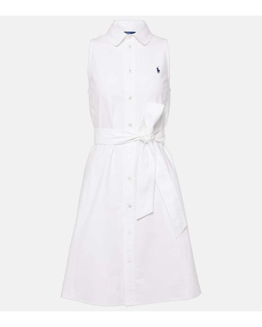 Polo Ralph Lauren White Logo-embroidered Belted Cotton-poplin Midi Dress