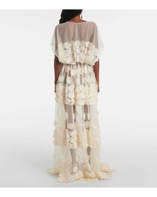 Norma Kamali Natural Floral-Applique Belted Sheer Gown