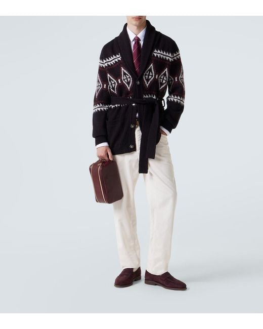 Brunello Cucinelli Black Jacquard Wool, Silk, And Cashmere Cardigan for men