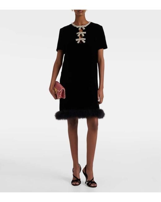 Valentino Black Minikleid Aus Samt Mit Federn Und Kristallen